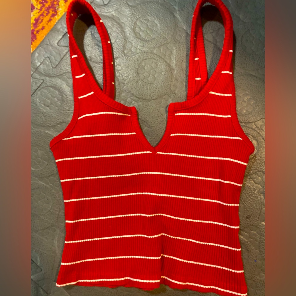 Red and white striped v neck tank top.